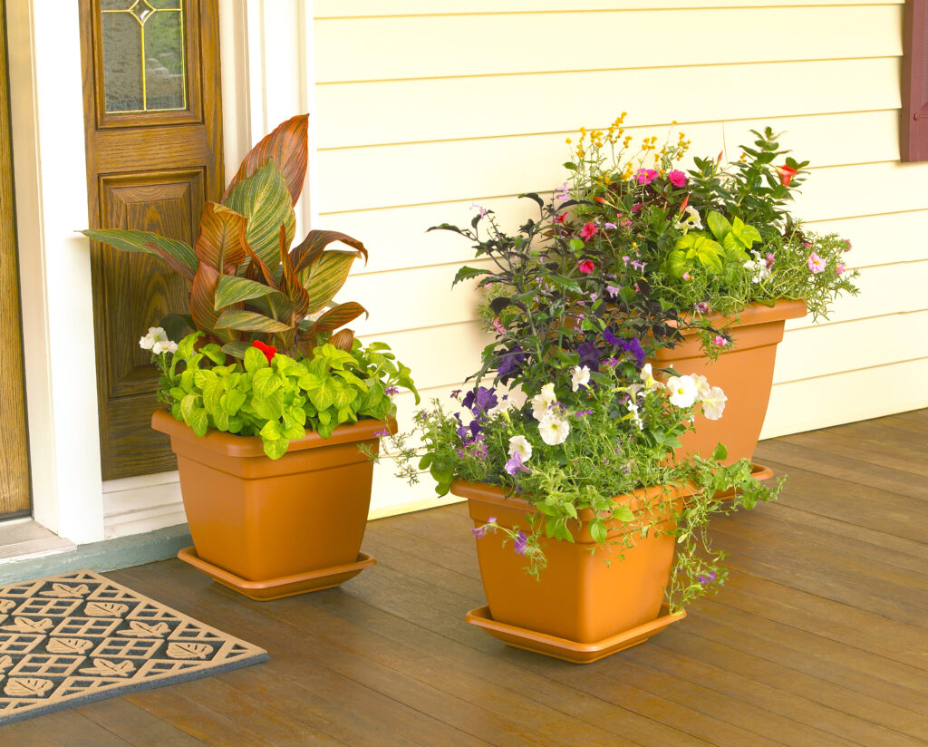 A container garden can dress up front door entrances and other spots in cheerful colors and varying textures.